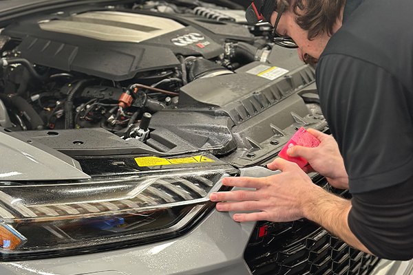 Close up of employee cleaning the front of a vehicle with a small tool
